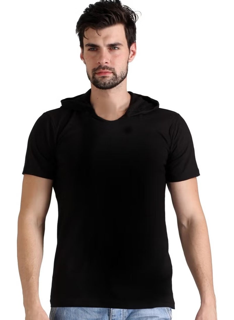 Rock&Roll Plain Unprinted Basic Black Hooded Short Sleeve Men's T-Shirt - Image 2